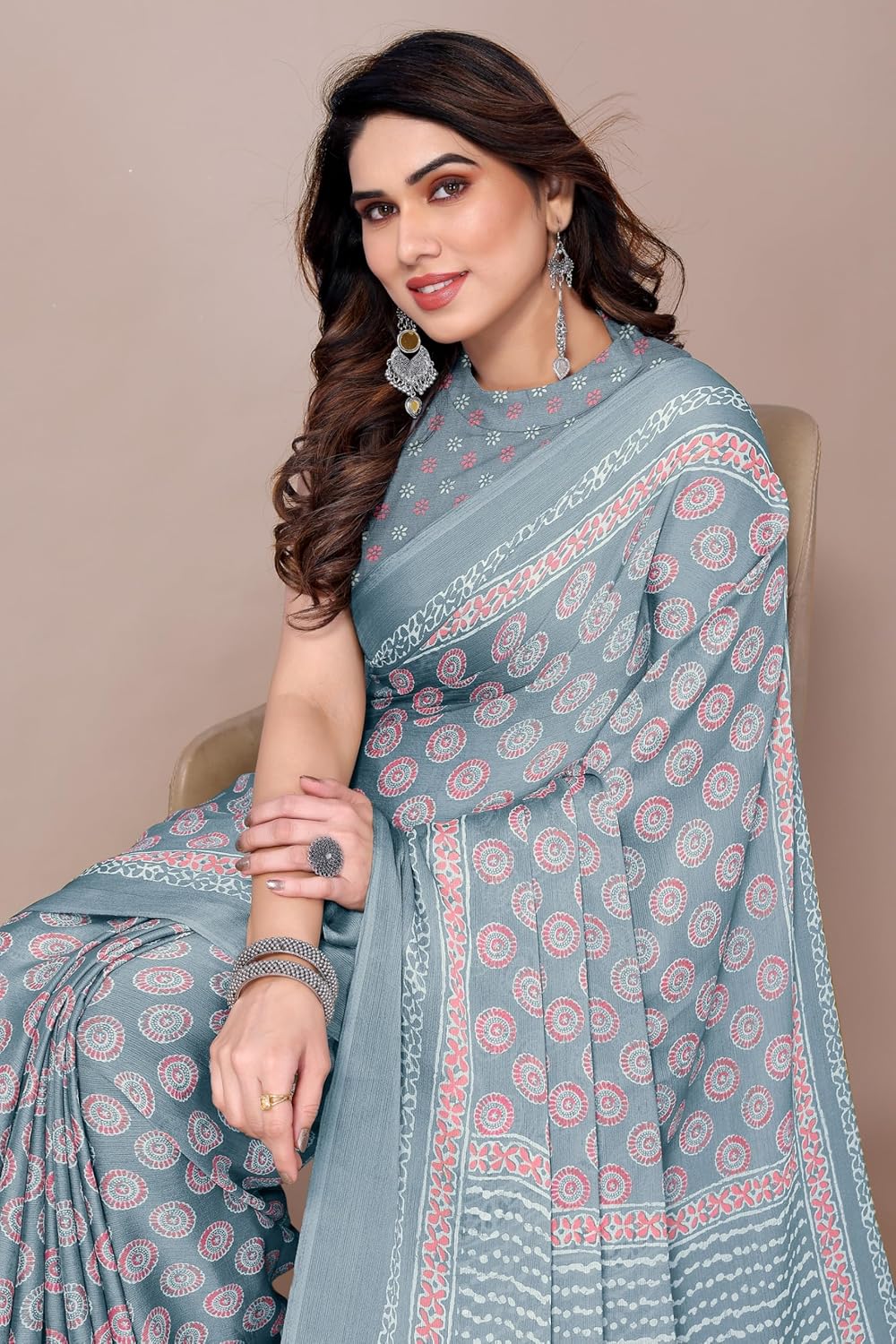 Women's Chiffon Block Printed Saree with Blouse Piece