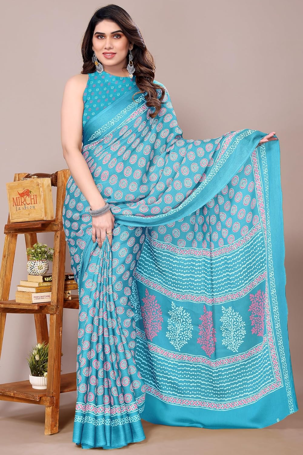 Women's Chiffon Block Printed Saree with Blouse Piece