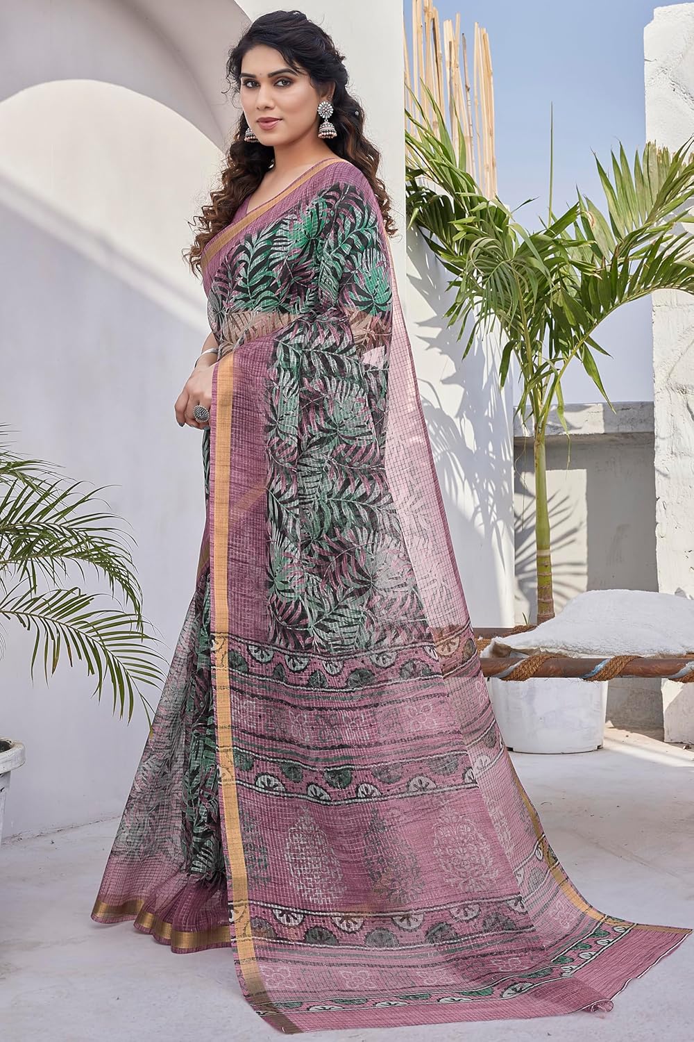 KotaDoriaPolyester Mix Leaf Floral Printed Saree