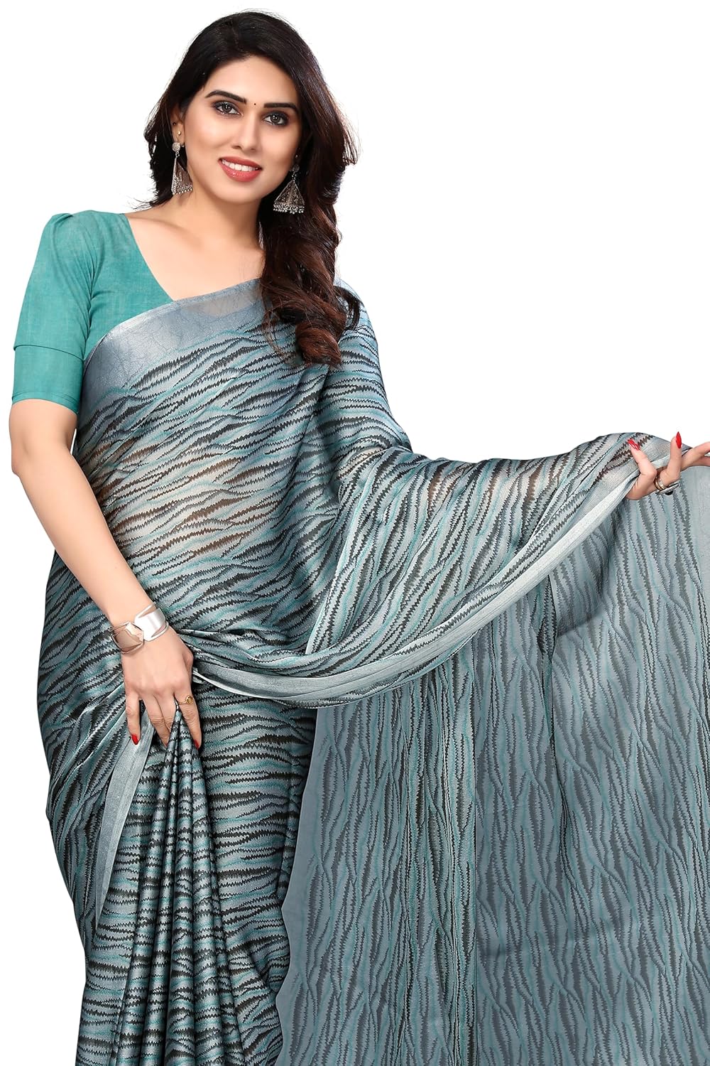 Women's Chiffon Block Printed Saree with Blouse Piece
