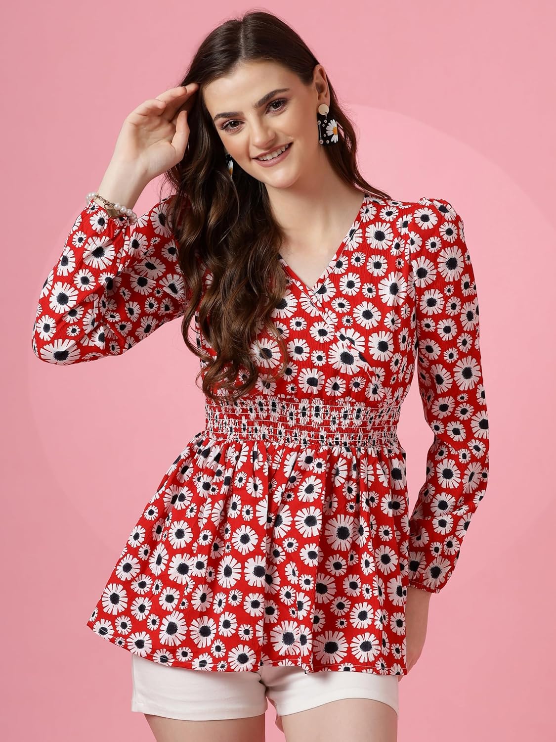 Sheetal Associates Women's Crepe Puff Sleeves Peplum Top with Floral Printed Regular Fit Full Sleeve and V-Neck Maxi Length