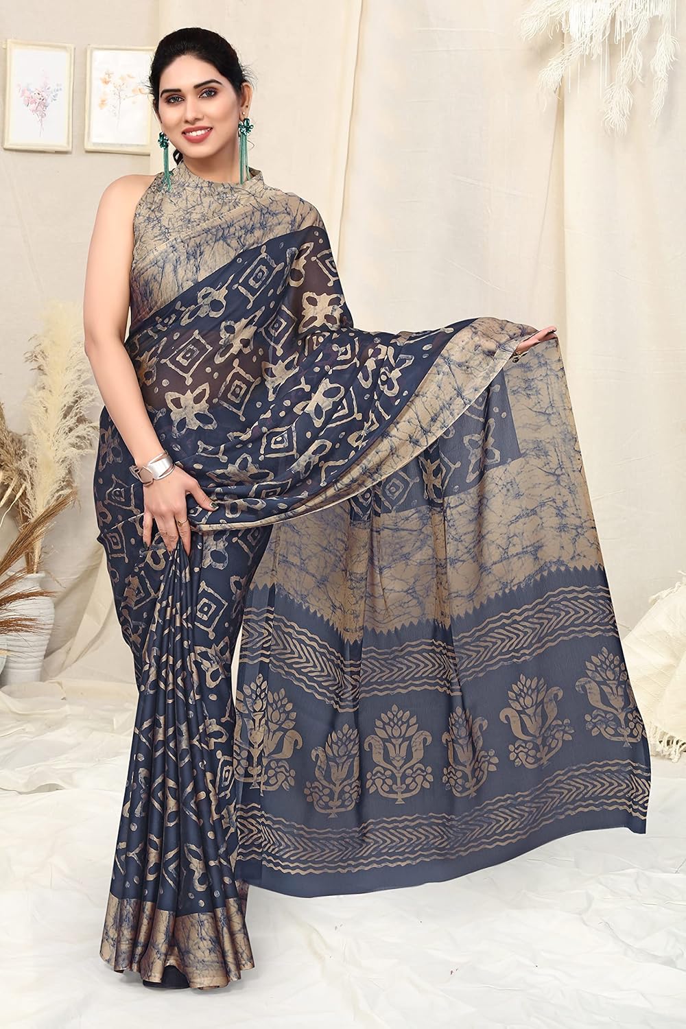 Women's Chiffon Printed Saree with BlousePiece