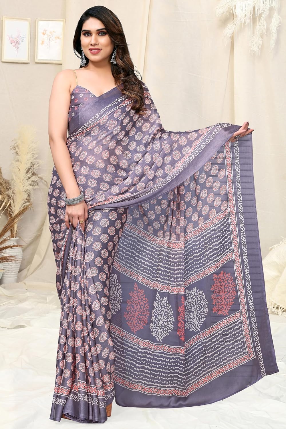 Women's Chiffon Block Printed Saree with Blouse Piece
