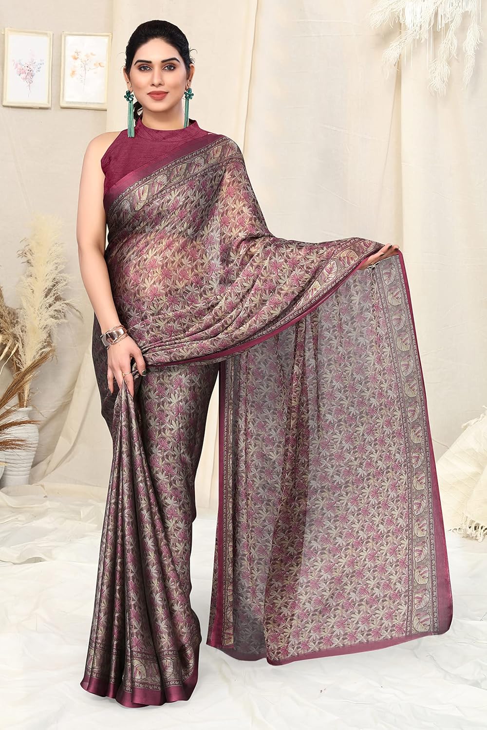 Women's Chiffon Floral Printed Saree with Blouse Piece