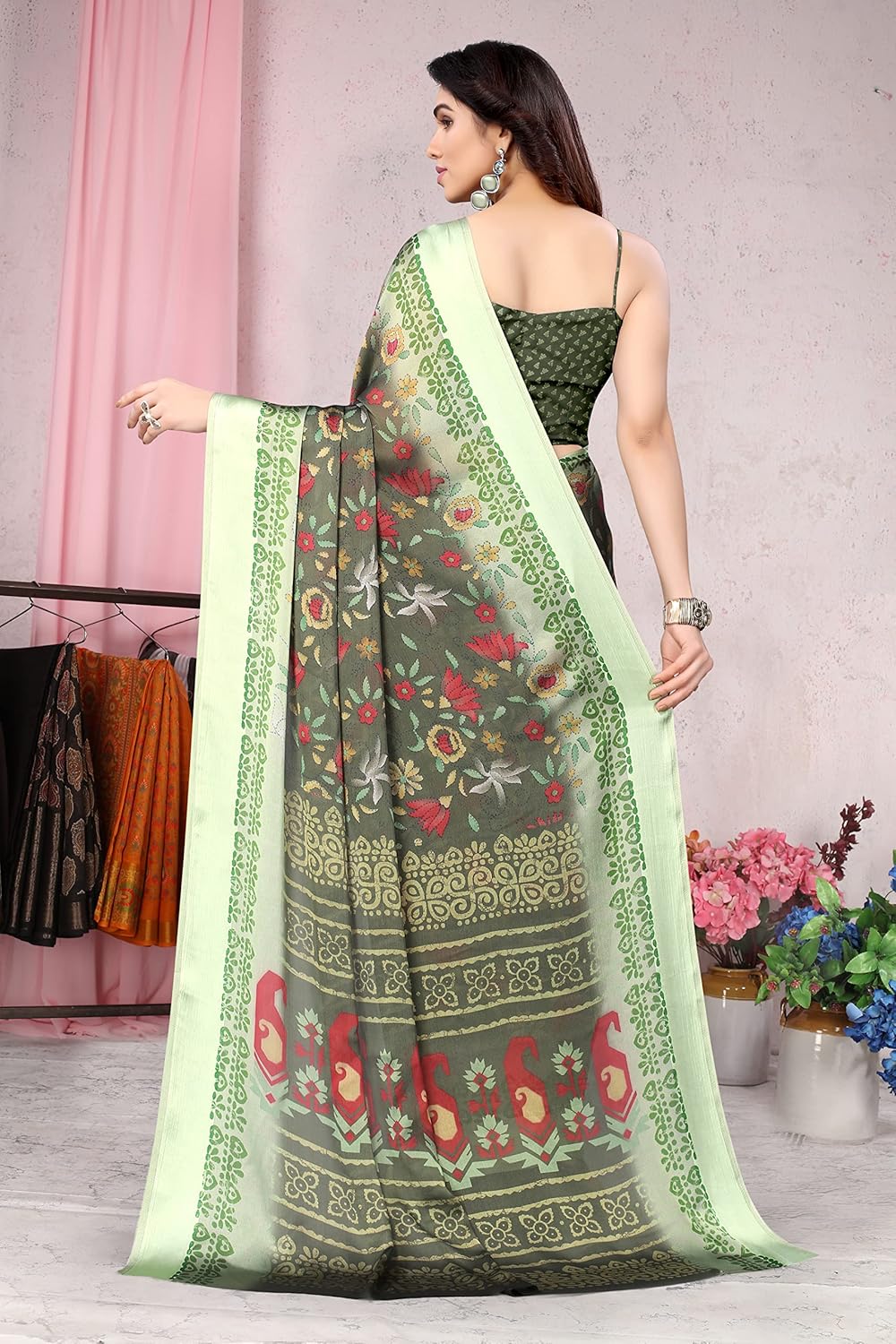 Women's Stylish Chiffon Print Saree with Blouse Piece