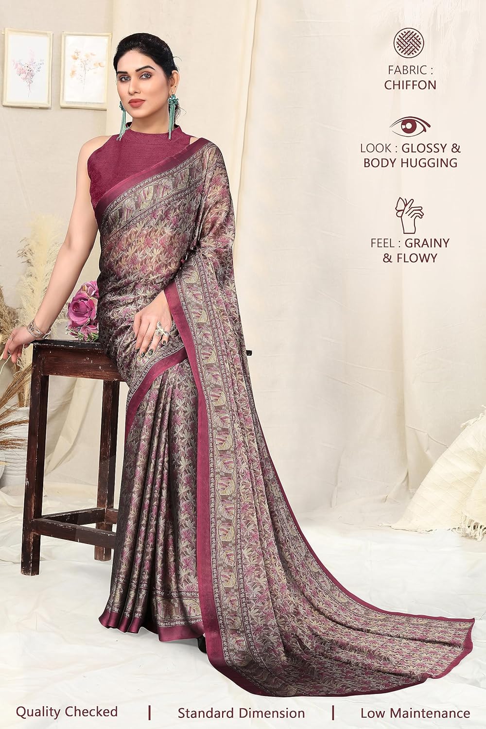 Women's Chiffon Floral Printed Saree with Blouse Piece