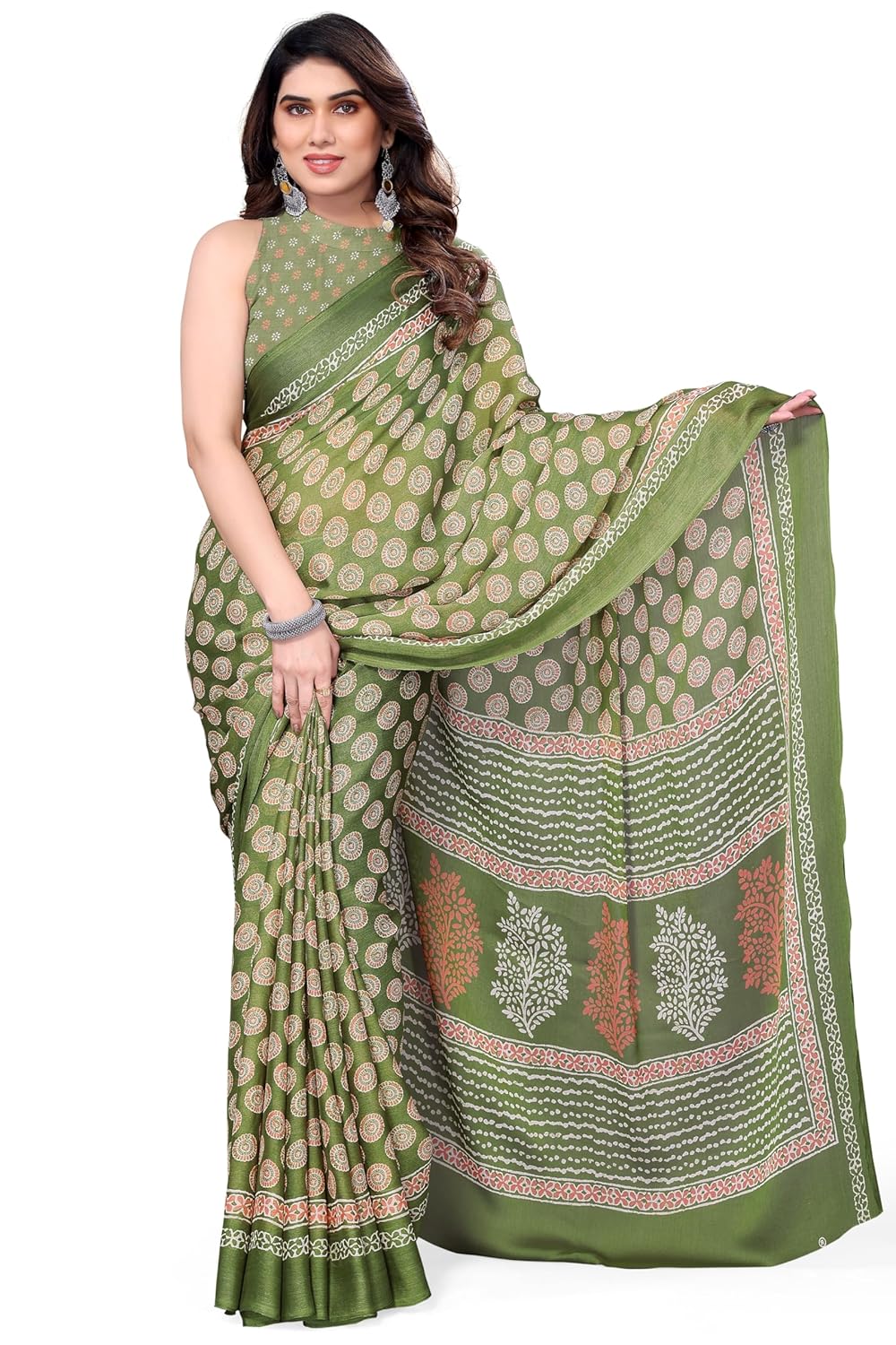 Women's Chiffon Block Printed Saree with Blouse Piece