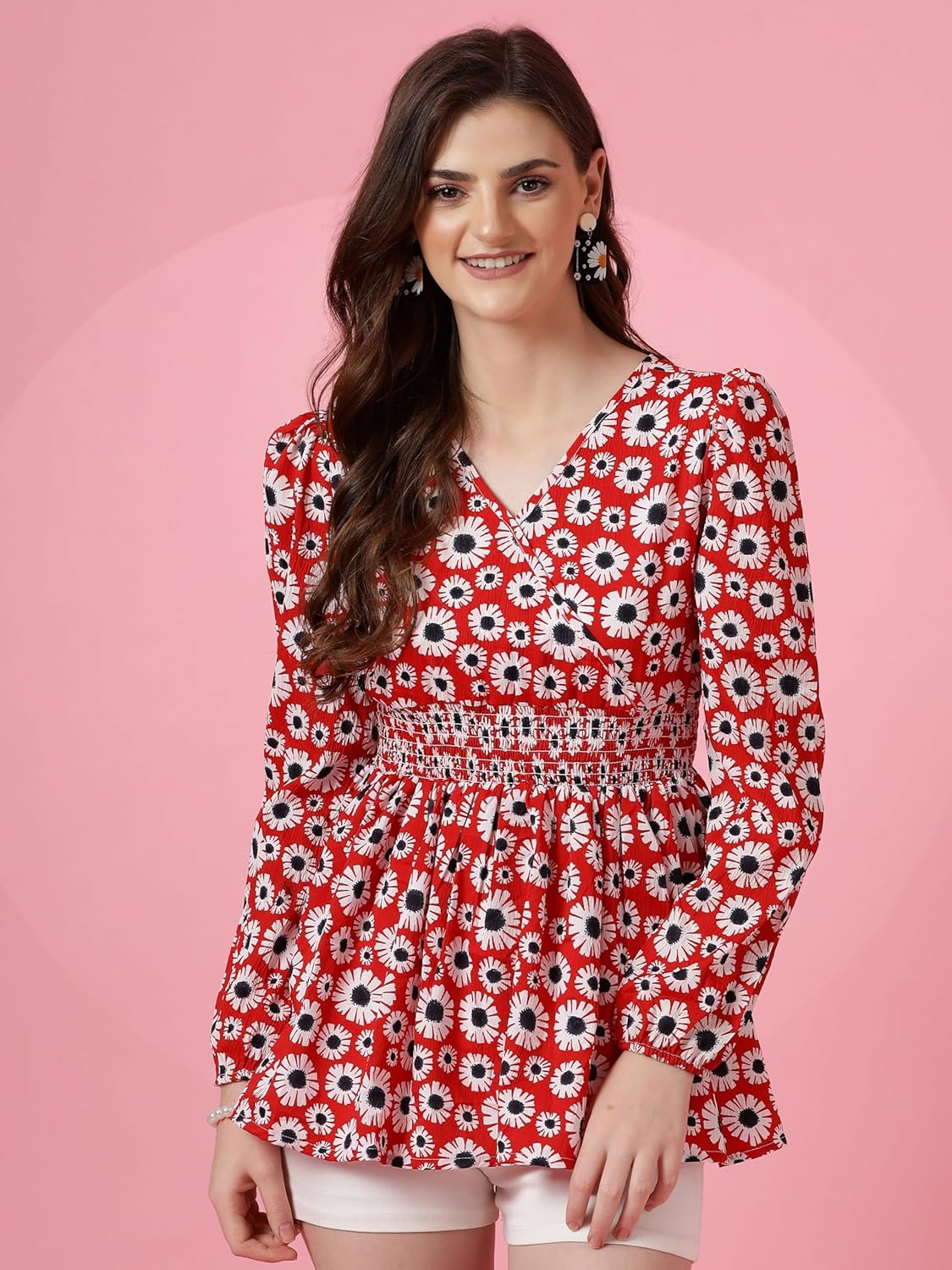 Sheetal Associates Women's Crepe Puff Sleeves Peplum Top with Floral Printed Regular Fit Full Sleeve and V-Neck Maxi Length
