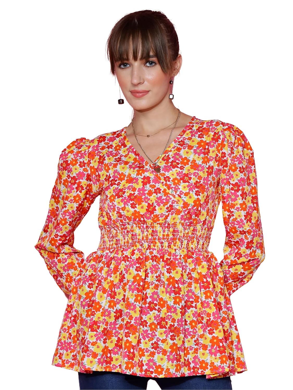 Sheetal Associates Women's Casual Bishop Sleeves Polka Print Peplum Top