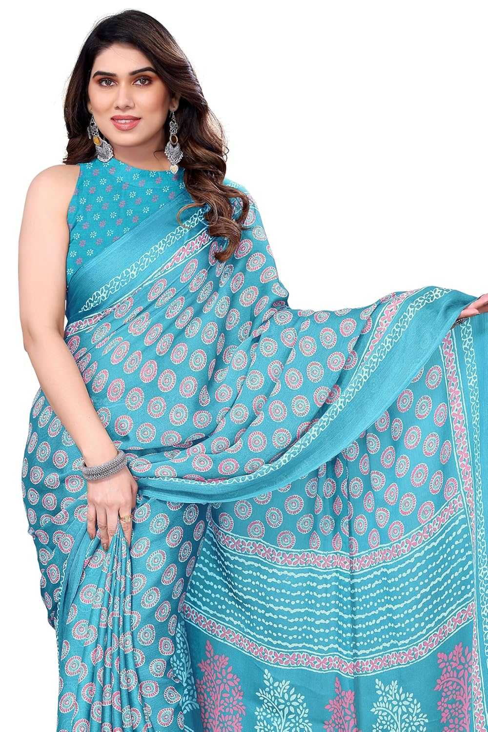 Women's Chiffon Block Printed Saree with Blouse Piece