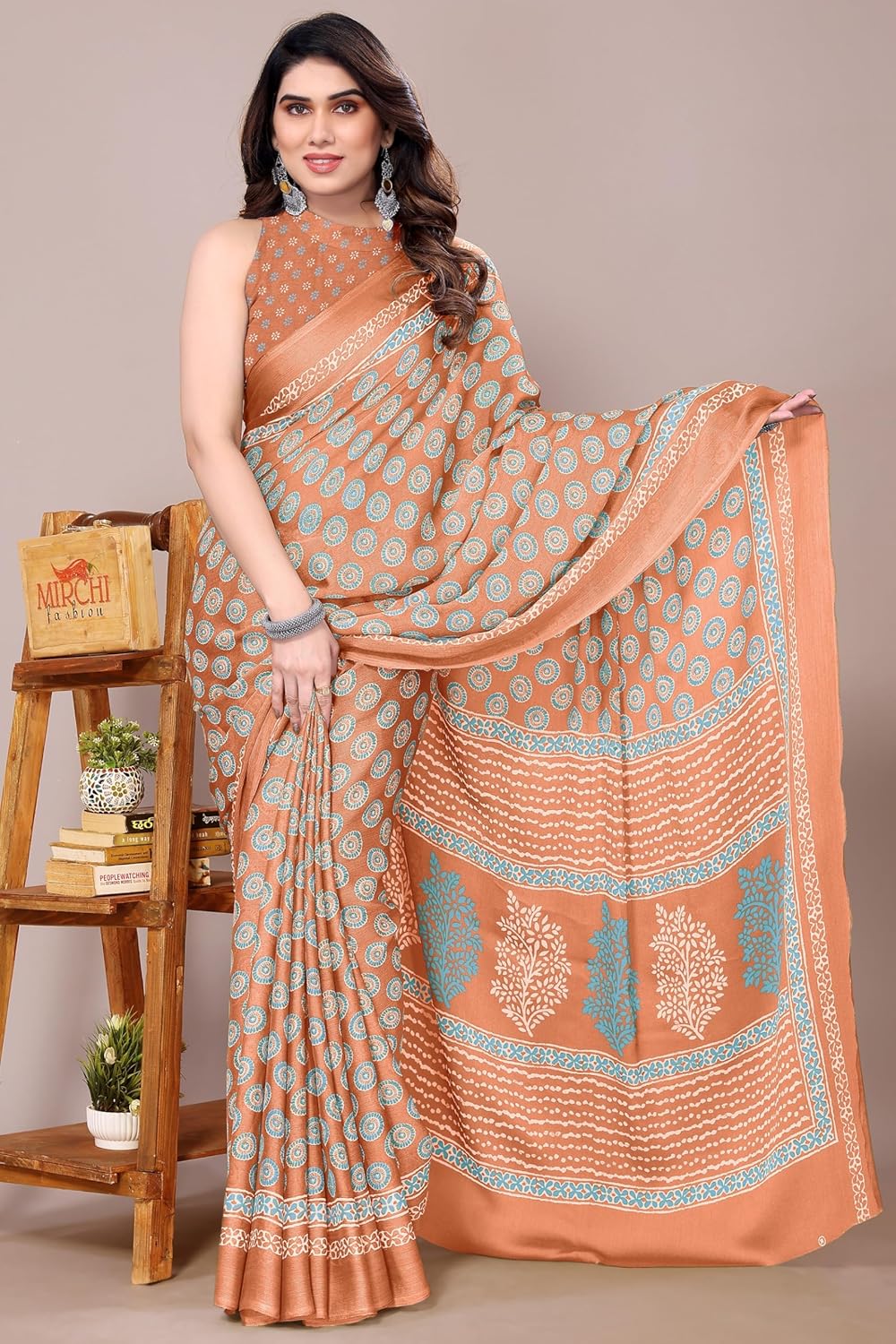 Women's Chiffon Block Printed Saree with Blouse Piece