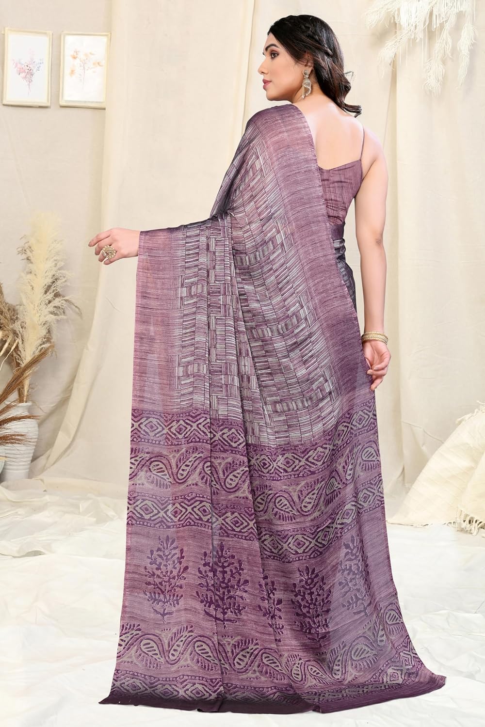 Women's Chiffon Block Printed Saree with Blouse Piece
