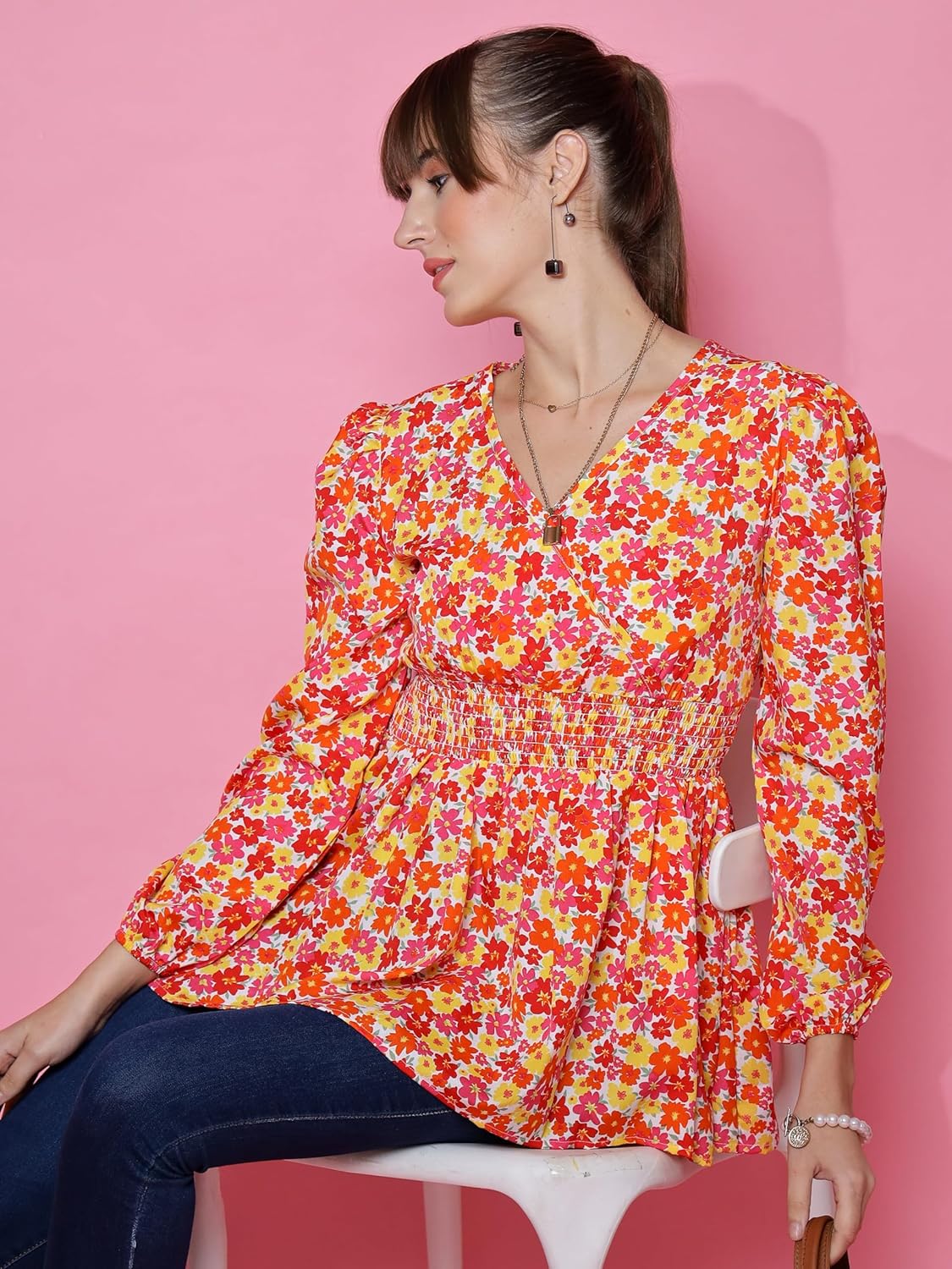 Sheetal Associates Women's Casual Bishop Sleeves Polka Print Peplum Top