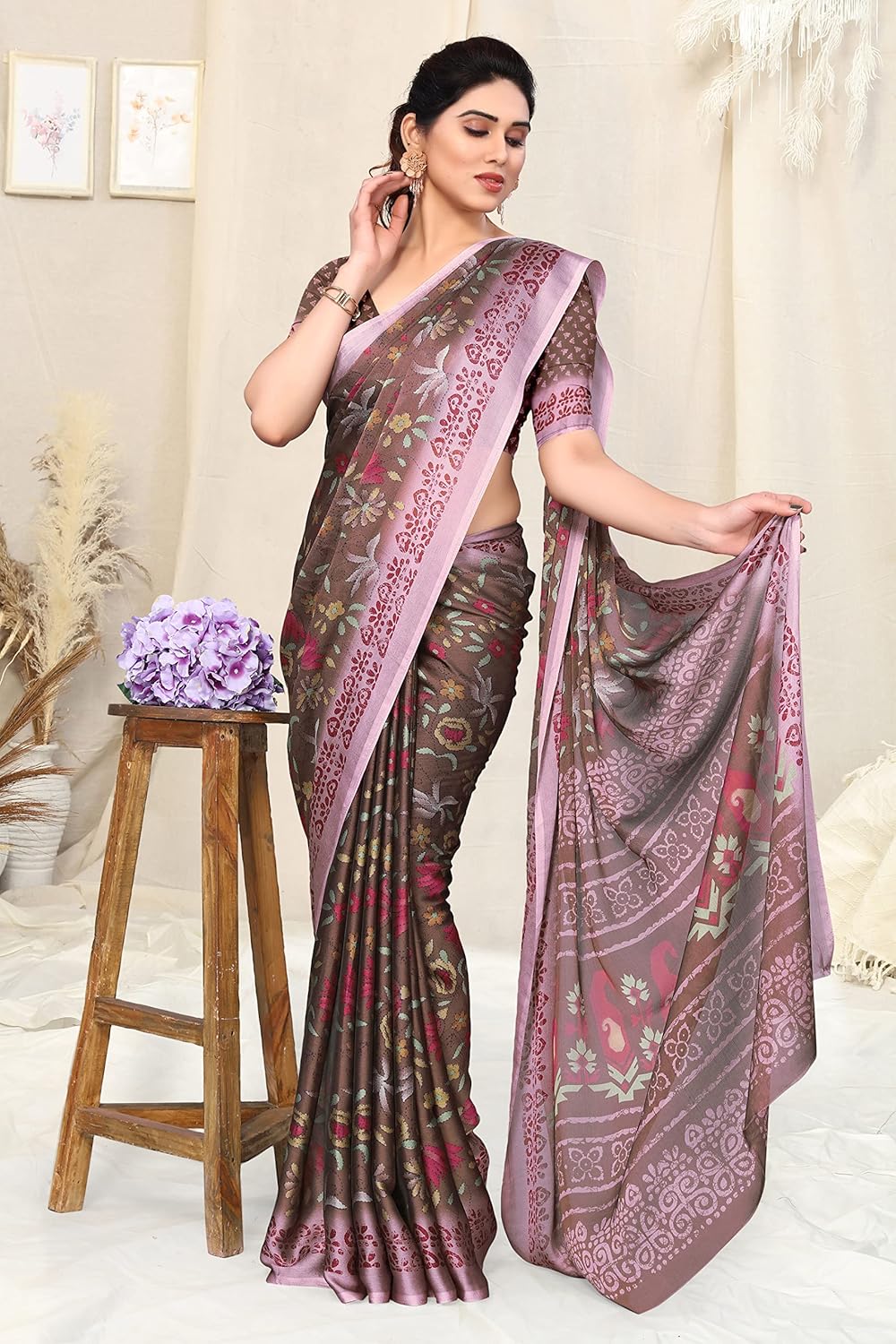 Women's Stylish Chiffon Print Saree with Blouse Piece