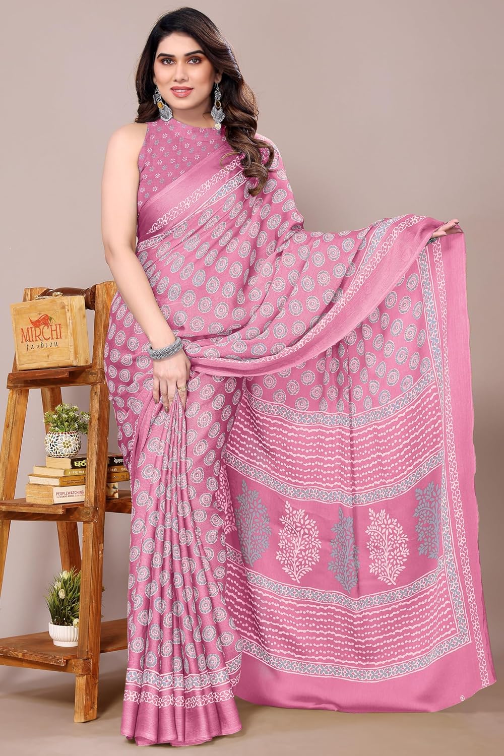 Women's Chiffon Block Printed Saree with Blouse Piece