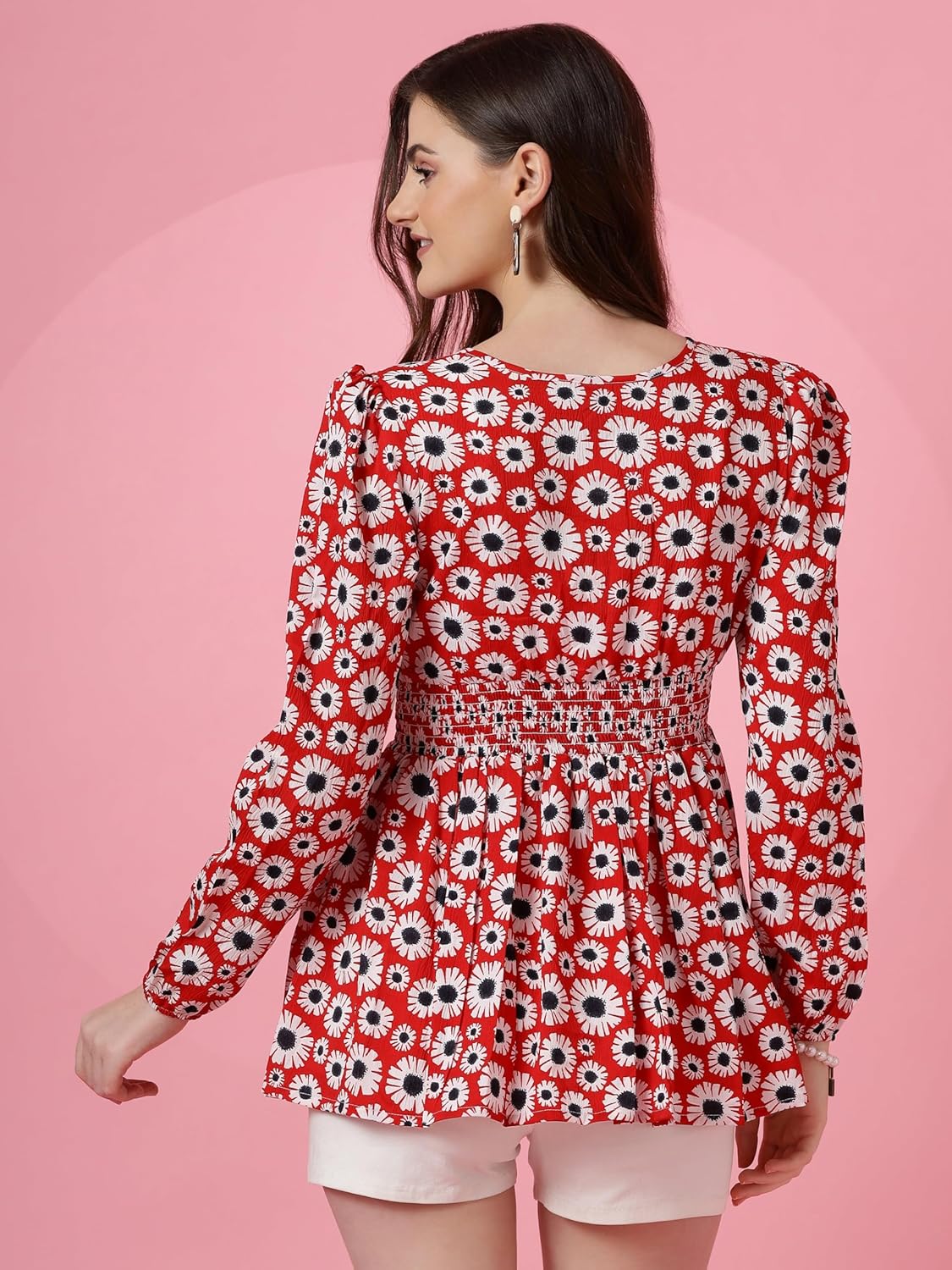 Sheetal Associates Women's Crepe Puff Sleeves Peplum Top with Floral Printed Regular Fit Full Sleeve and V-Neck Maxi Length