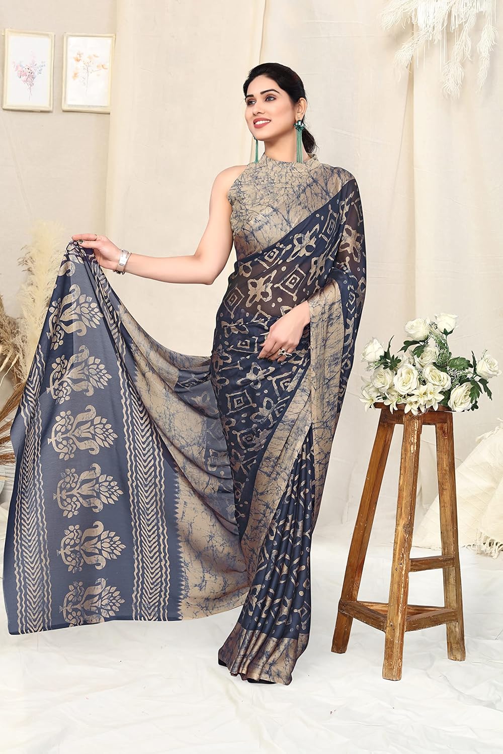 Women's Chiffon Printed Saree with BlousePiece