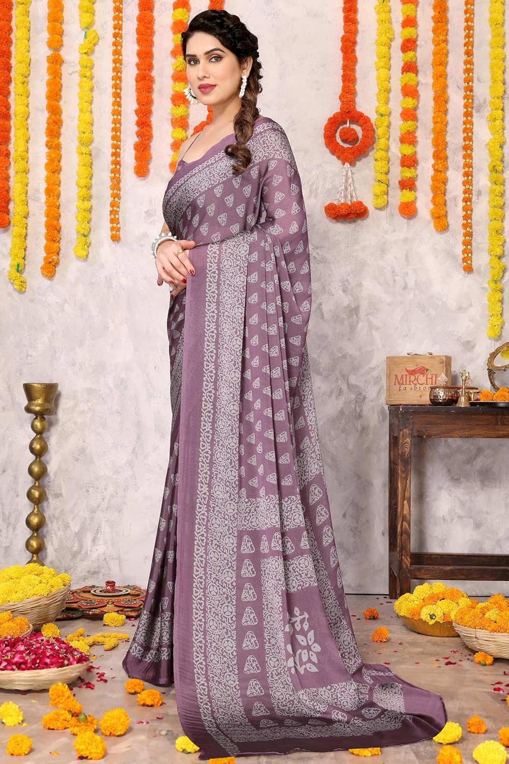 Women's Chiffon Block Printed Saree with Blouse Piece