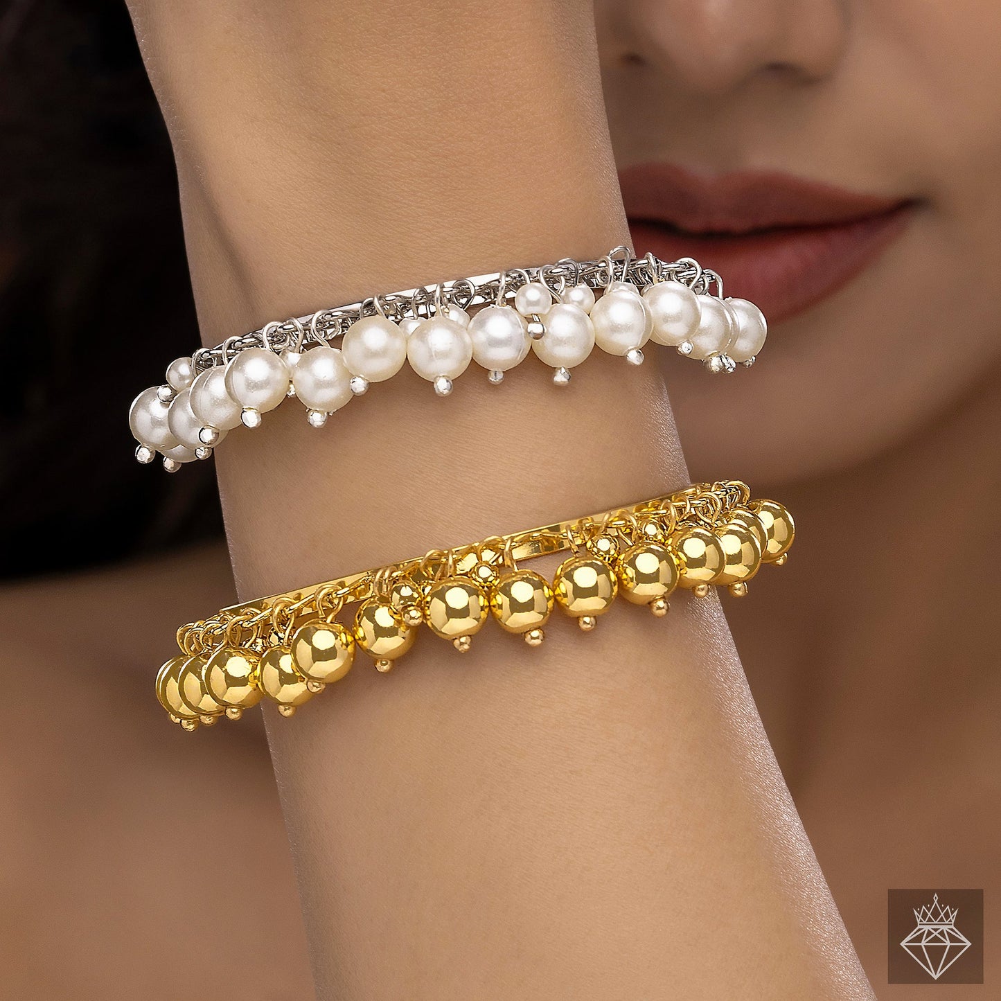 Golden & Pearl Bangle Bracelets Set (Adjustable Size)