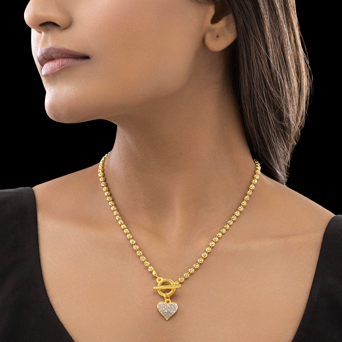 AD-Studded Heart Charm Necklace with T-Lock