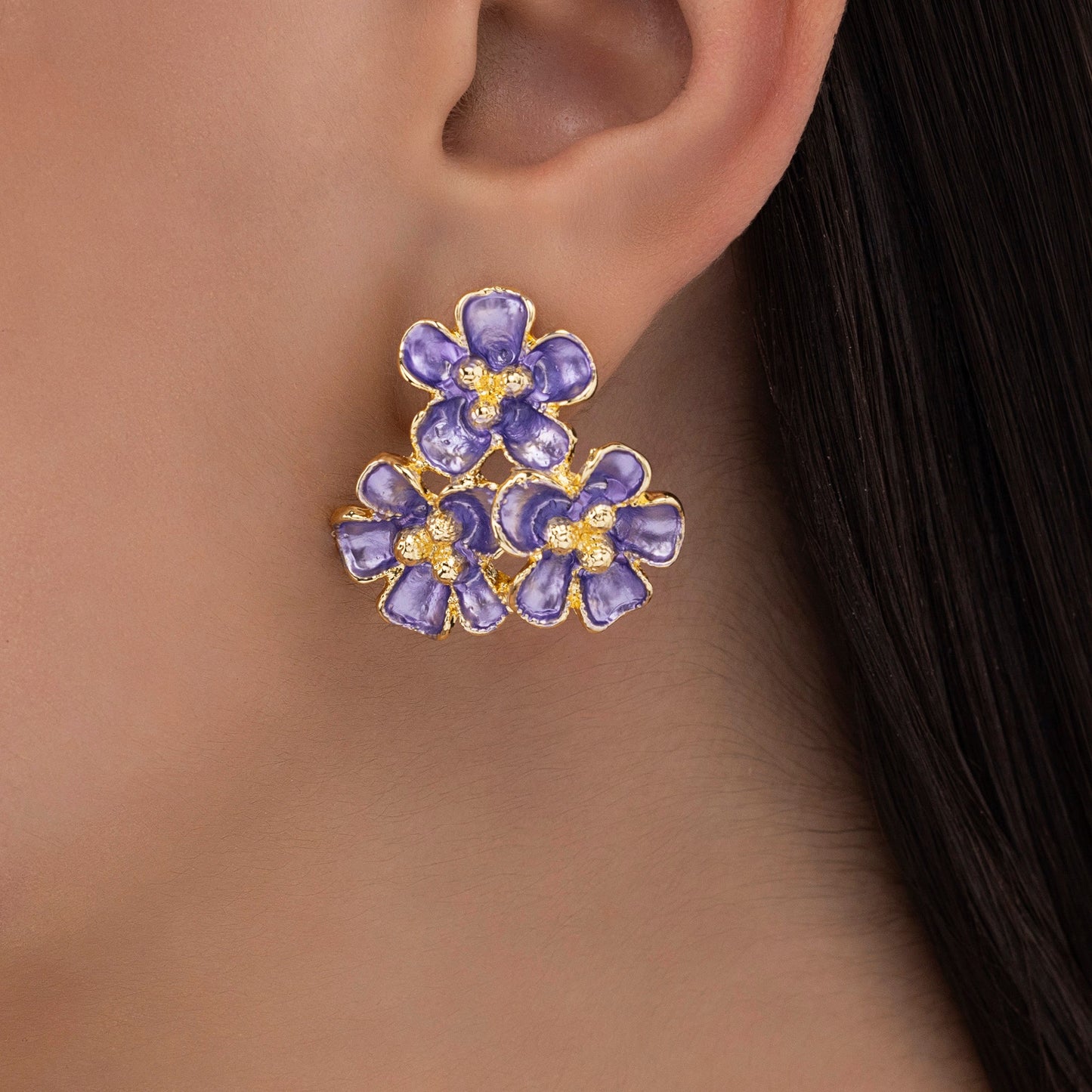 Purple Enamel Bunch of Flowers Statement Earrings