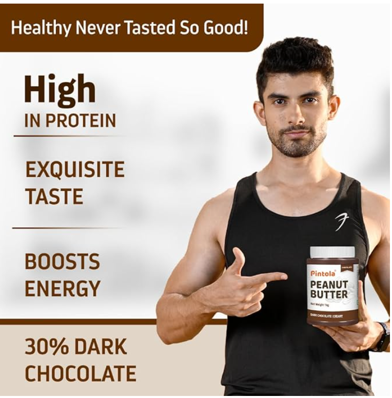 Pintola Peanut Butter Chocolate Flavour Crunchy 1kg - 18.6g Protein & 5.2g Dietary Fiber, Made with Premium Roasted Nuts & Cocoa, Gluten Free, Zero Cholesterol & Trans Fat, Vit E & B3, Dark Chocolate