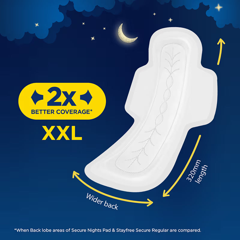 Stayfree Secure Nights Sanitary Pads with Cottony Soft Cover for Comfort - XXL - Pack of 18