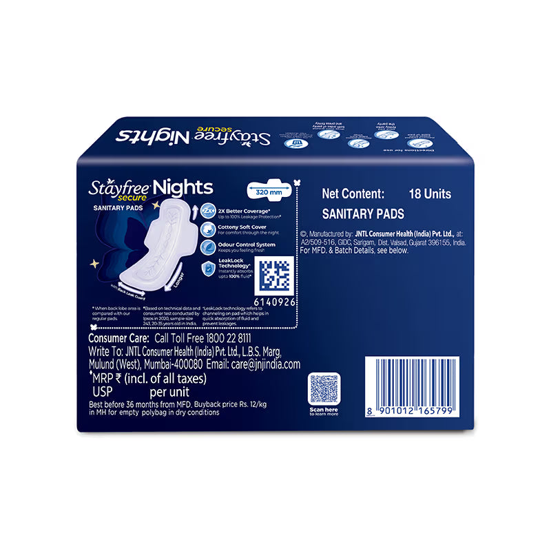 Stayfree Secure Nights Sanitary Pads with Cottony Soft Cover for Comfort - XXL - Pack of 18