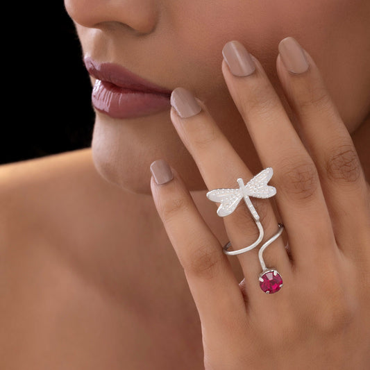 Silver Drangonfly Crystal Ring (Adjustable Size)