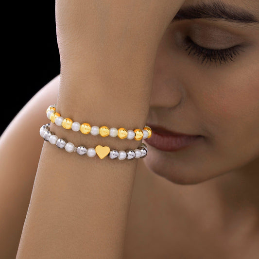 Duo of Stretchable Bracelets with Pearl & Heart Charm