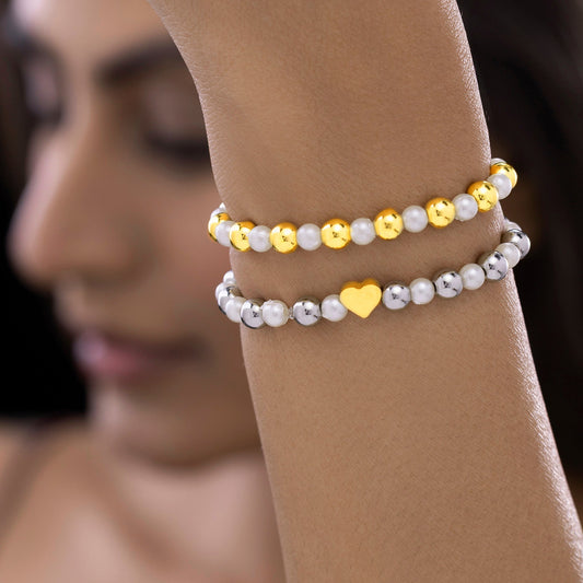 Duo of Stretchable Bracelets with Pearl & Heart Charm
