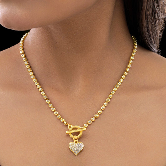 AD-Studded Heart Charm Necklace with T-Lock