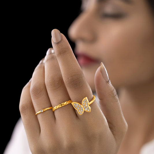 Pack of 3 Golden Crystal Rings (Adjustable Size)