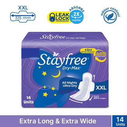 Stayfree DryMax All Nights Ultra Sanitary Pads with Dry Cover - XXL ( Pack of 14)