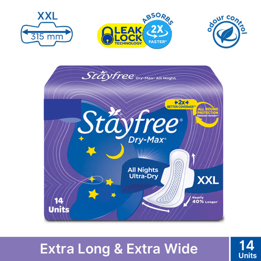 Stayfree DryMax All Nights Ultra Sanitary Pads with Dry Cover - XXL ( Pack of 14)