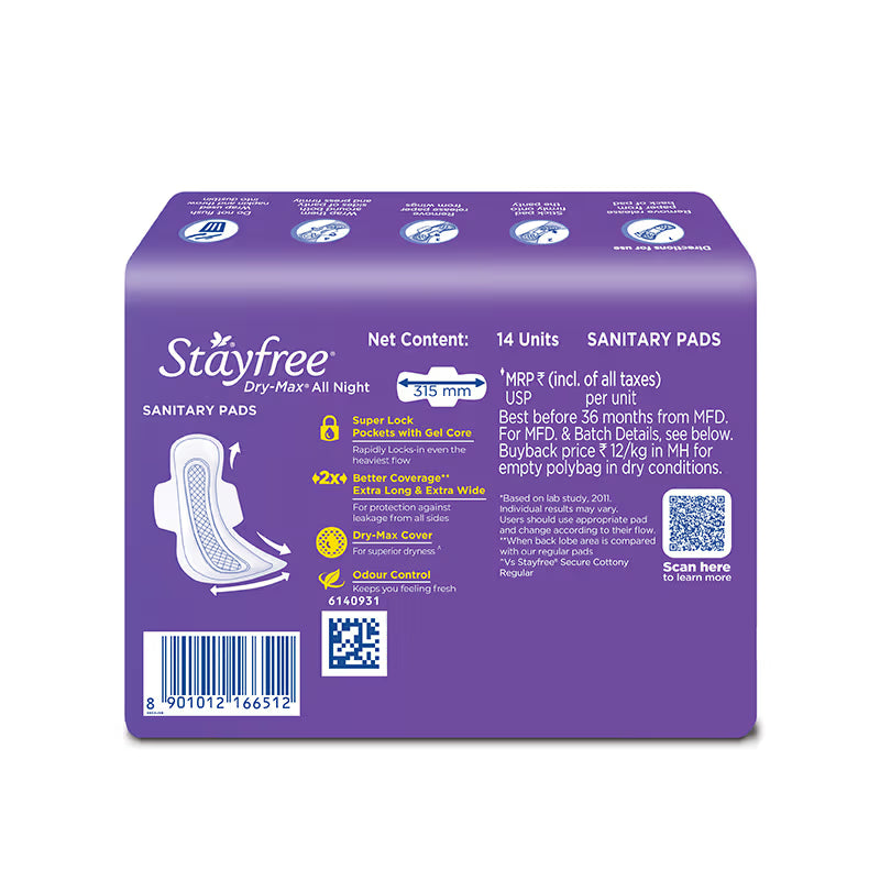 Stayfree DryMax All Nights Ultra Sanitary Pads with Dry Cover - XXL ( Pack of 14)