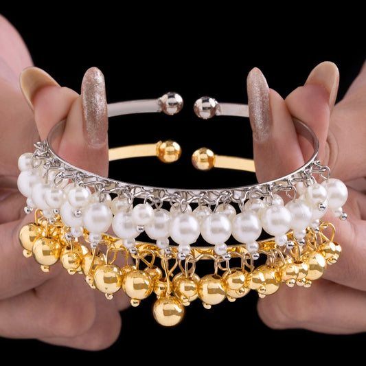 Golden & Pearl Bangle Bracelets Set (Adjustable Size)