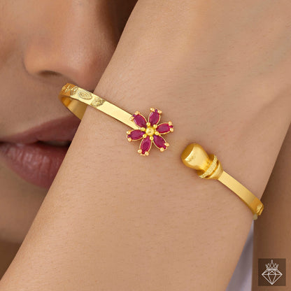 Ruby Flower Bangle Bracelet (Adjustable Size)