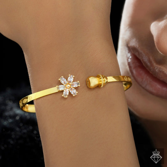 Crystal Flower Bangle Bracelet (Adjustable Size)
