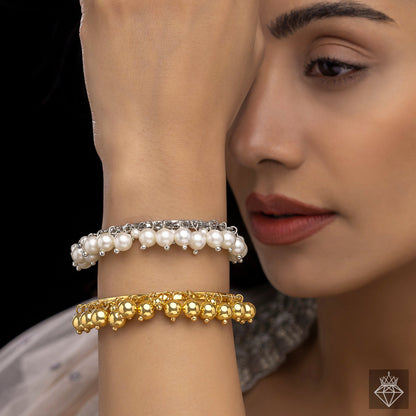 Golden & Pearl Bangle Bracelets Set (Adjustable Size)