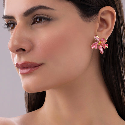Pink Enamel Lily Flower Studs
