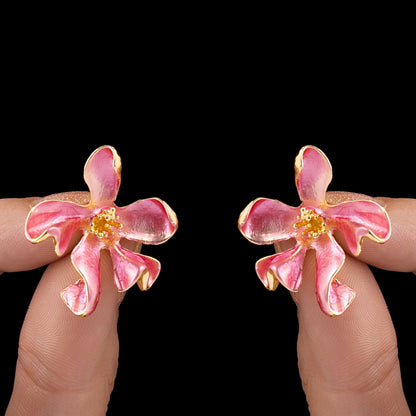 Pink Enamel Lily Flower Studs
