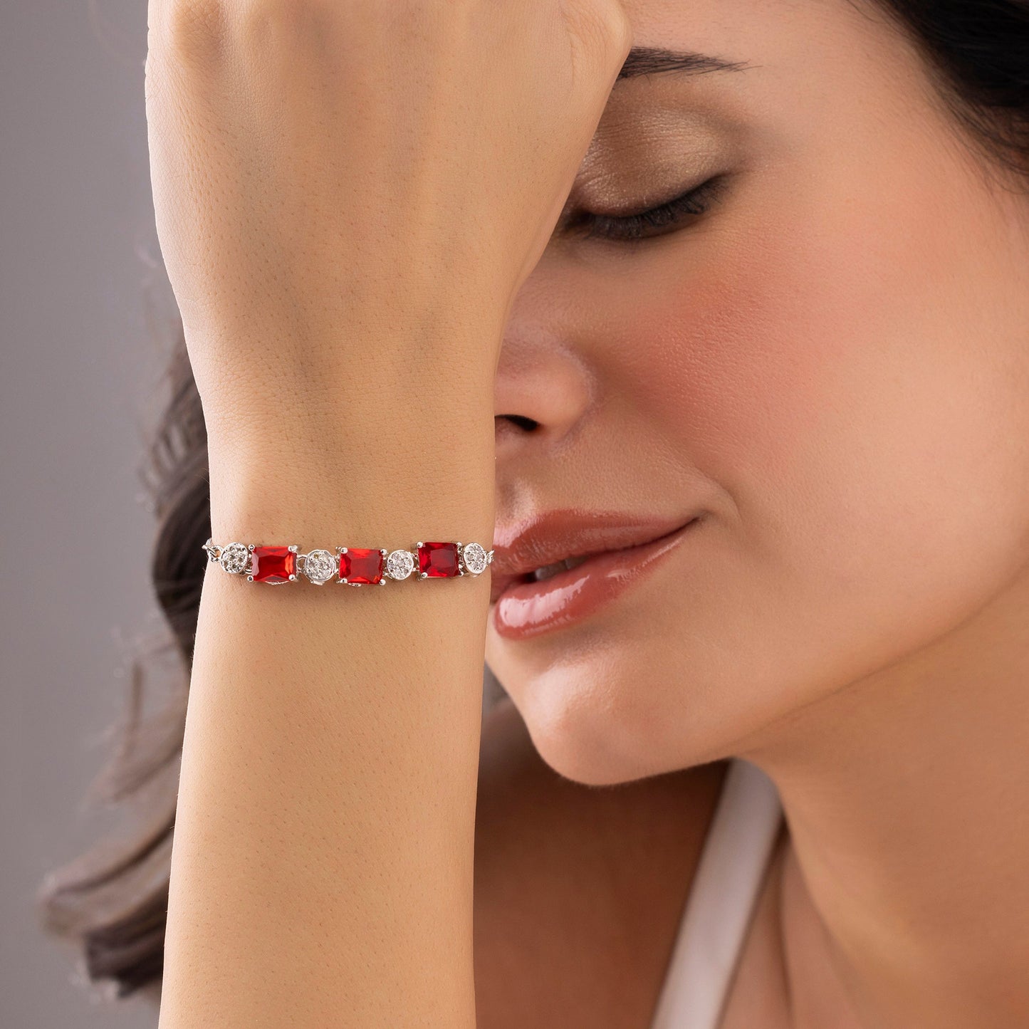 Ruby Red Crystals Bracelet with AD Stones (Adjustable Size)