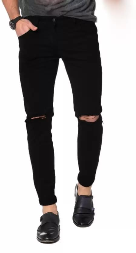 Linaria Mens Black Stretchable Slim fit Knee Cut Jeans