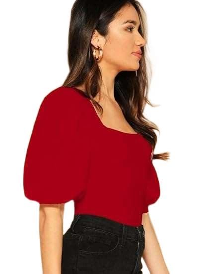 Dream Beauty Fashion Women's Bishop Puff Sleeves Square Neck Slim Top Polyester Blend