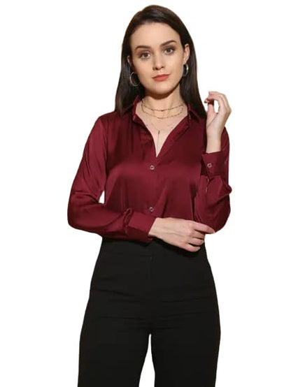 Bowrain Satin Silk Fabric Spread Collar Full Sleeve Top