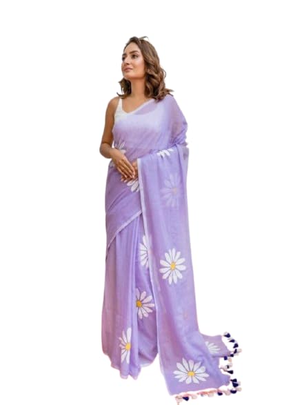 Linen Saree with White Daisy Floral Print, With Blouse
