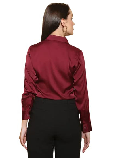 Bowrain Satin Silk Fabric Spread Collar Full Sleeve Top