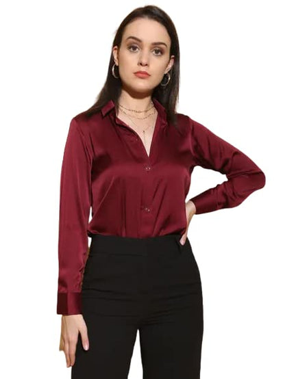 Bowrain Satin Silk Fabric Spread Collar Full Sleeve Top