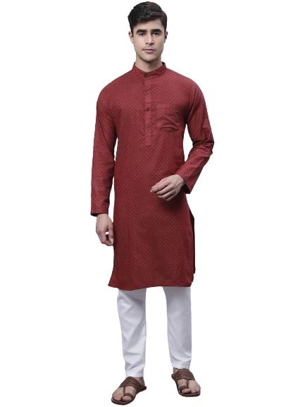 Aarsha Red Printed Cotton Men's Long Kurta